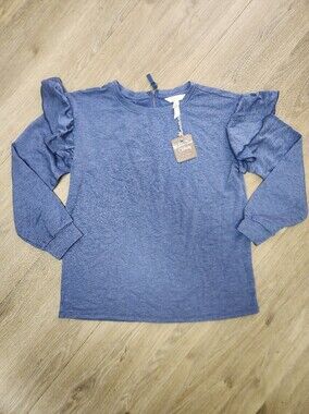 NWT Matilda Jane Blue Chambray Heather Knit Long Sleeve Ruffle Puff Shoulder Top